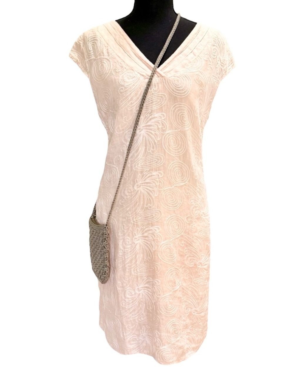 Lina Tomei Made in Italy Light Pink Linen Dress with Embroidered Pattern Large